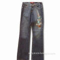 Jeans with Five Pockets, Metal Label and Flower Embroidery, Suitable for Women,